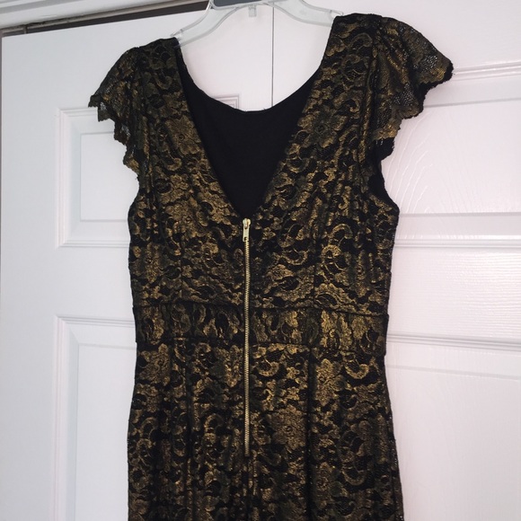 Golden lace calf length formal evening dress - Picture 6 of 7